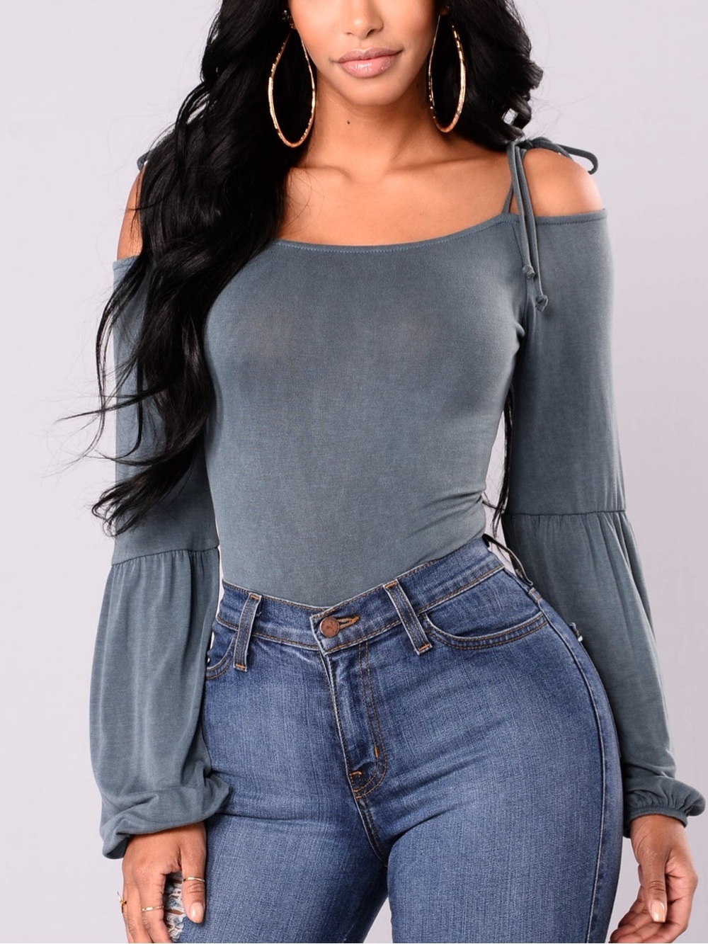 BLUE FASHION NOVA TOP TIE COLD SHOULDER LONG SLEEVE